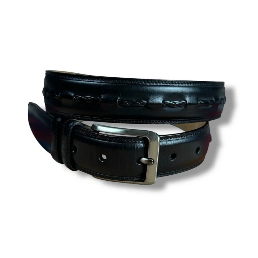 Mezlan Black Leather Belt with Top Stitch Detail Solid Brass Hardware Sz 36
